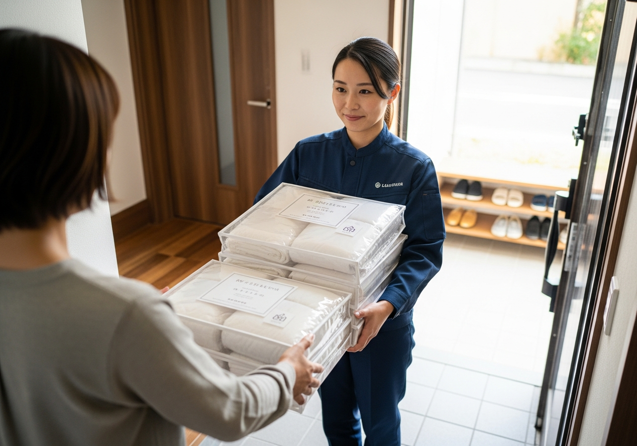 配達員が玄関先で清潔に梱包された布団セットを手渡しているシーン