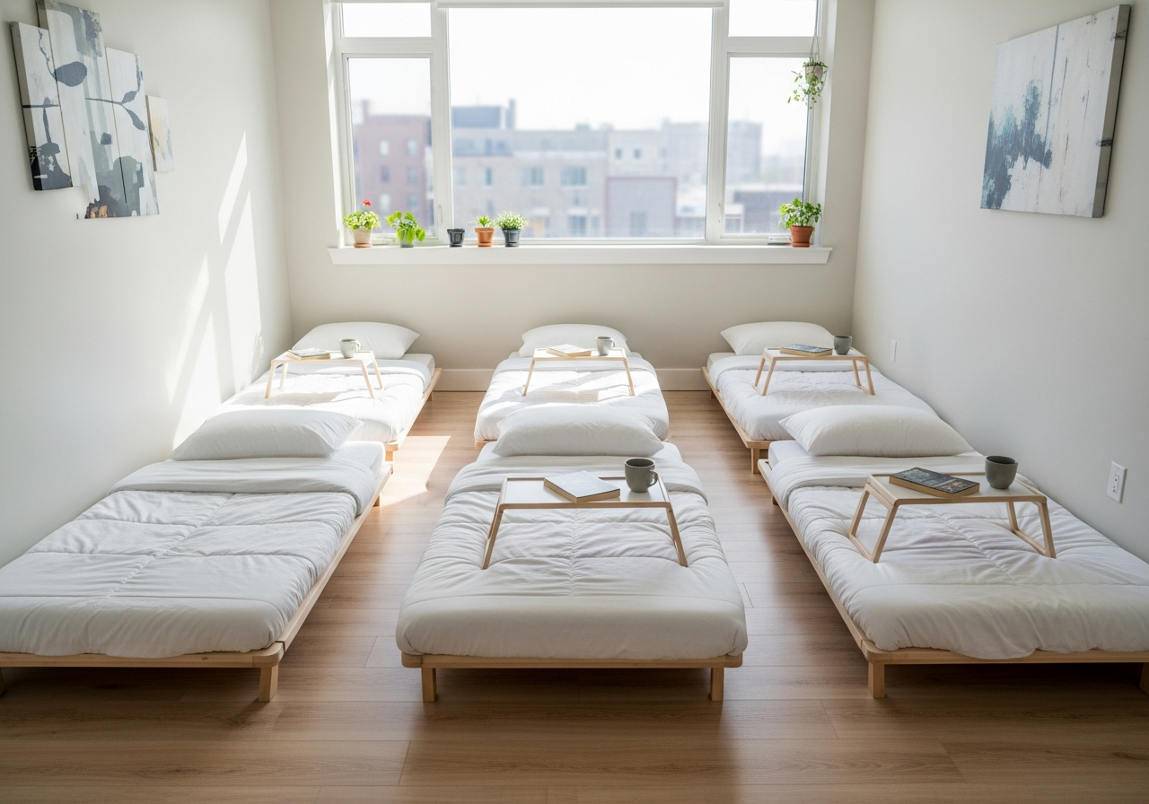ゲストハウス風のナチュラルな部屋に清潔な布団が複数組並ぶ様子