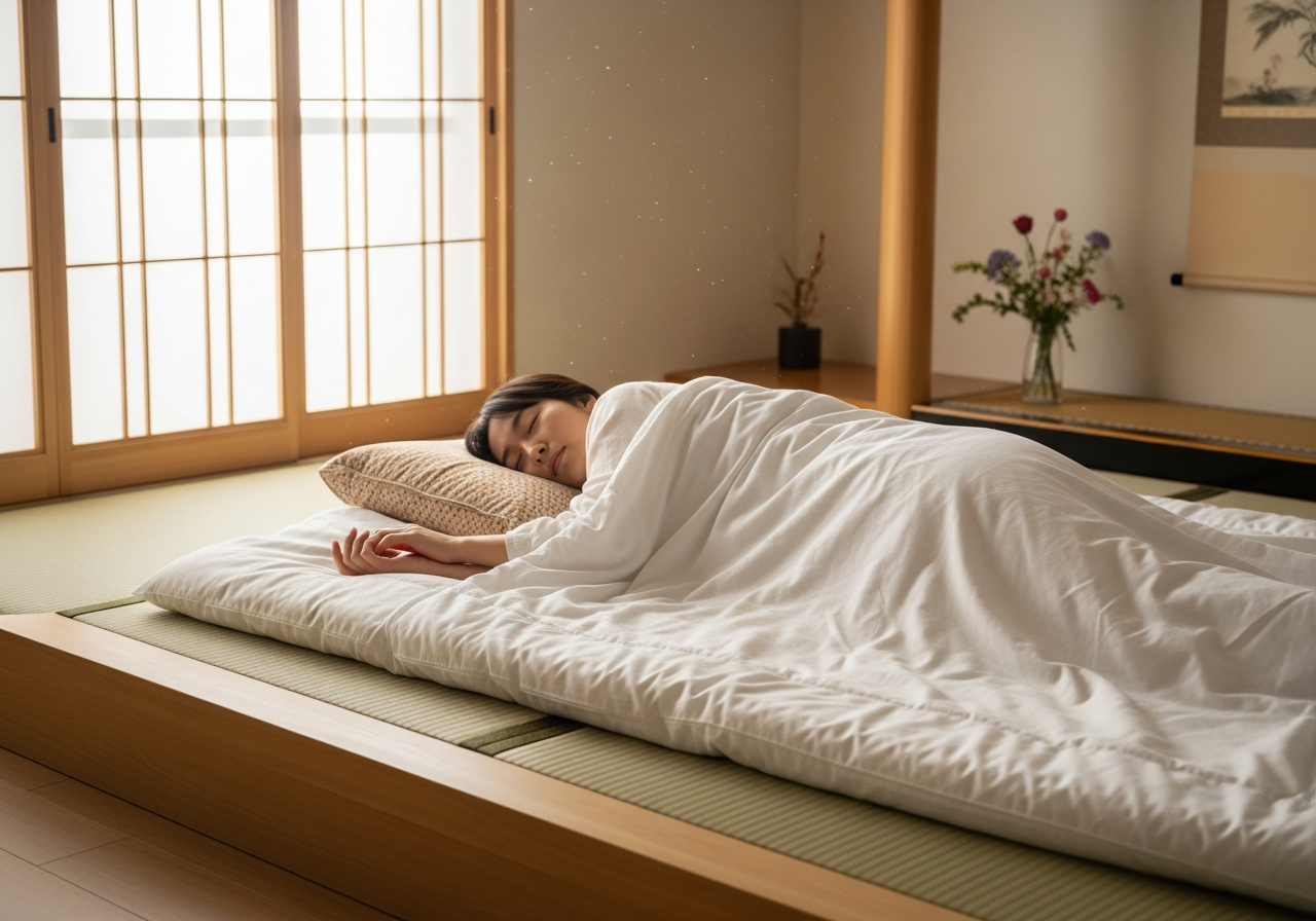 清潔な布団の上で気持ちよさそうに眠っているシーン